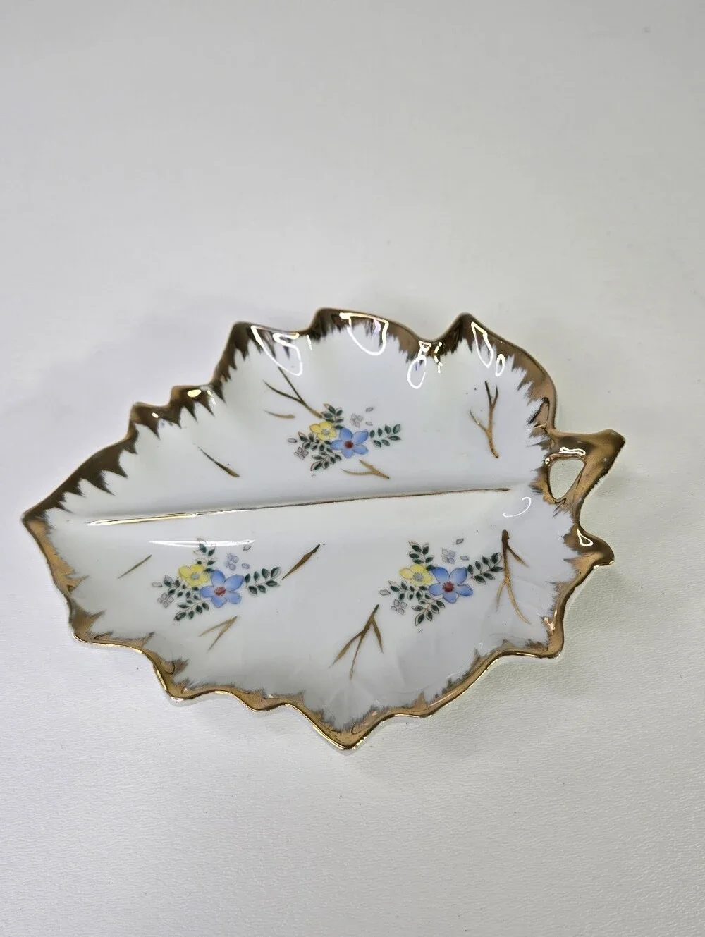 Vintage Porcelain Leaf Trinket Dish Floral Divided Candy Nut Tray Gold Trim Gilt